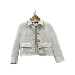 Zara white tweed cropped blazer with gold buttons